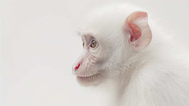 Profile of an albino monkey with white fur, pink ears, and a thoughtful expression.