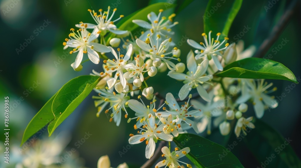 Poster blooming white flowers of penang sloe kopsia arborea