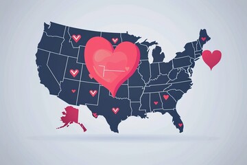 A map of the USA with a heart marking the nations capital , simple vector cartoon