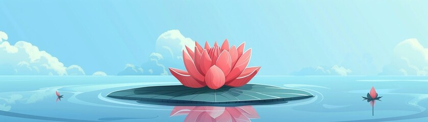 Fototapeta premium A lotus flower in calm waters, symbolizing purity and rebirth from adversity , simple vector cartoon
