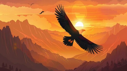A majestic bald eagle soaring with a backdrop of mountains and a sunset , simple vector cartoon - obrazy, fototapety, plakaty