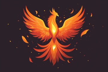 A phoenix rising from ashes, an emblem of overcoming difficulties and renewing life , simple vector cartoon - obrazy, fototapety, plakaty