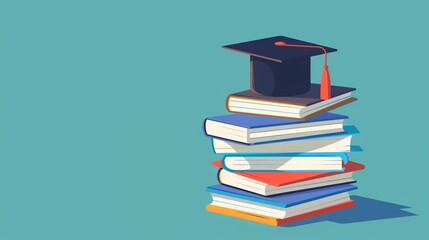 A stack of textbooks with a graduation cap on top, representing years of study , simple vector cartoon