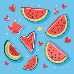 Juicy watermelon slices, some cut in the shape of stars or hearts , simple vector cartoon