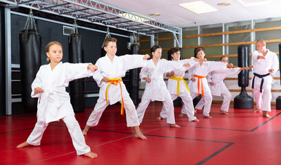 Group of girls and boys in kimono doing kata with their trainer in gym. © JackF
