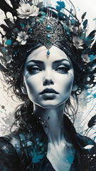 Mysterious silhouette of woman from the enchanted pond, abstract art