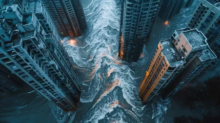 Foto op Plexiglas City, water and flow in natural disaster with flood for catastrophe, tsunami and environmental crisis. Damage, buildings and town in storm with weather, global warming and destruction from above © Peopleimages - AI