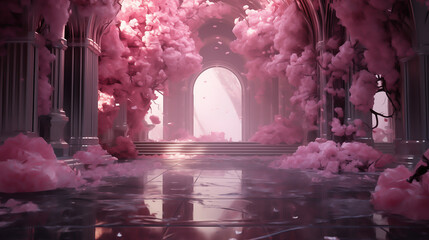 gloomy white tunnel with pink flowers and leaves, mirror rooms, saturated pigment pools, precise, detailed architecture paintings