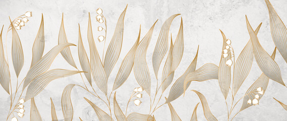 Luxury art background with leaves and flowers of exotic plants in golden line art style. Hand drawn botanical banner for decoration, wallpaper, print, textile, interior design, poster. - 786765169
