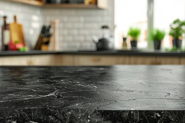 empty marble table board and defocused modern kitchen background. product display concept
