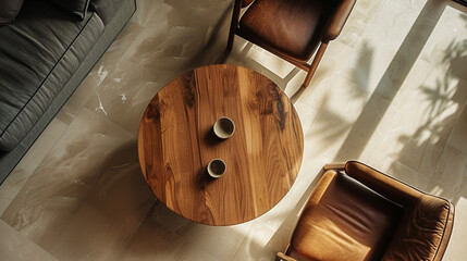 
Appreciate the timeless elegance of a circular coffee table from a bird's-eye view, adding sophistication and versatility to any living space with its understated yet stylish presence.