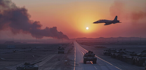 Against the backdrop of the setting sun, an army jet patrols the skies above a convoy of tanks on a desolate road, their mission shrouded in the hues of twilight. Smoke rises from a distant conflict - obrazy, fototapety, plakaty