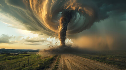 Tornado, storm and farm with clouds of hurricane in nature, landscape and field with wind vortex in sky. Climate, devastation or typhoon outdoor with powerful cyclone or whirlwind in natural disaster