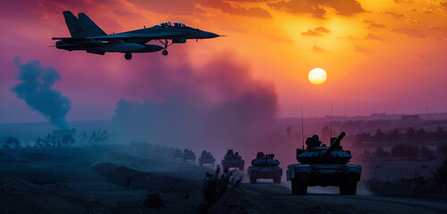 As twilight descends, an army jet flies in formation with a convoy of tanks on a rugged road, their...