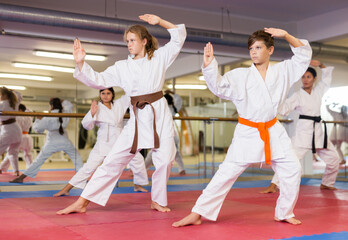 Team of motivated teenagers are engaged in karate in the gym
