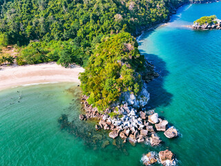 Beach island aerial view sky. Top view Clean white beaches and emerald green seas. atmosphere as...