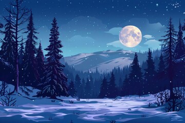serene winter night in snowy mountain conifer forest christmas holiday landscape illustration