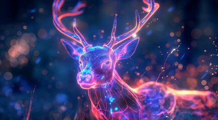 Glowing Wireframe Deer on Dark Background - obrazy, fototapety, plakaty