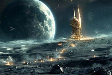 Astronauts Overlooking Futuristic City on Alien World - obrazy, fototapety, plakaty