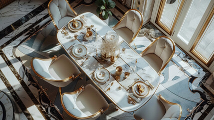 Experience luxury and refinement with a bird's-eye view of a marble dining table set, promising unforgettable dining experiences
