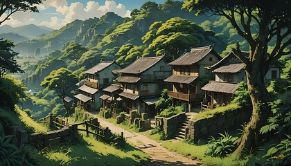 Anime Landscape of a Mountain Village Wallpaper Background