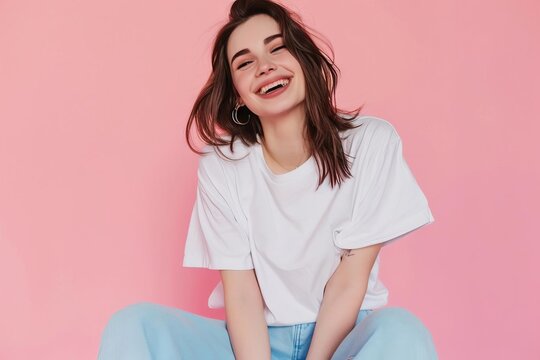 smiling young woman in white shirt and blue pants pink background tshirt mockup