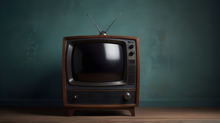 Vintage TV set on wooden table against old blue wall background.generative.ai