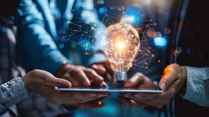 A team huddled around a digital tablet, where a lightbulb graphic symbolizes their new app or product concept, emphasizing the role of technology in modern brainstorming and collaboration.