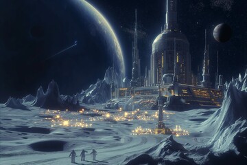 Futuristic Cityscape with Giant Planetary Rings