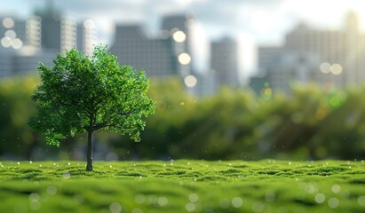 A tree in the middle of a grass field with a city on the back, nature, green, beautiful view, created with AI - Powered by Adobe