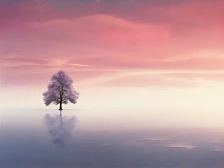 A solitary tree stands reflected in water under a vibrant, dreamlike pink sky Generative AI
