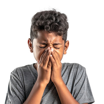 Portrait of a boy covering his mouth with hands because of flu, isolated on transparent background