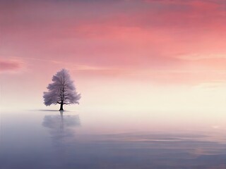 A solitary tree stands reflected in water under a vibrant, dreamlike pink sky Generative AI
