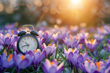 spring forward concept with alarm clock and blooming crocuses - obrazy, fototapety, plakaty