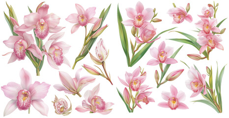 Watercolor pink cymbidium orchid clipart for graphic resources	