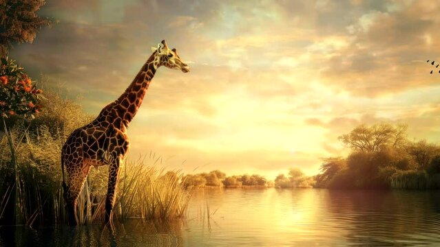 Wild Serenade: Captivating Giraffes Amidst the Scenic River Bank. Seamless looping time-lapse virtual 4k video animation background