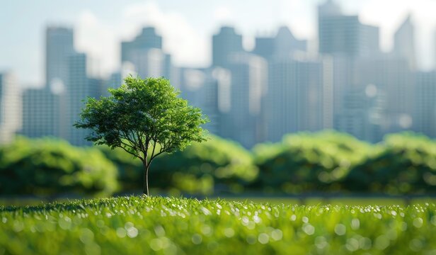 A tree in the middle of a grass field with a city on the back, nature, green, beautiful view, created with AI