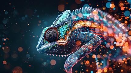 Digital chameleon in neon colors. Big data visualization. Information aesthetic design. Animal learning. Generative AI - obrazy, fototapety, plakaty