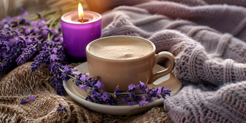Cup of hot coffee and lavender flowers