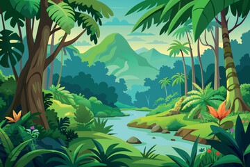 Fototapeta na wymiar Green Jungle Landscape cartoon vector Illustration flat style artwork concept