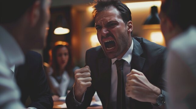 A tense meeting room scene, where a businessman is seen in heated discussion with colleagues, his expression and body language exuding stress and the weight of decision-making.