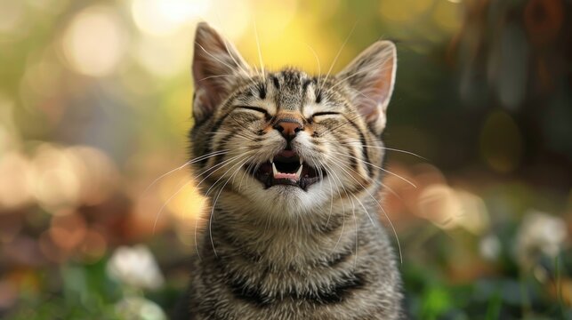 Cat with closed eyes and open mouth in a squinty expression is adorable