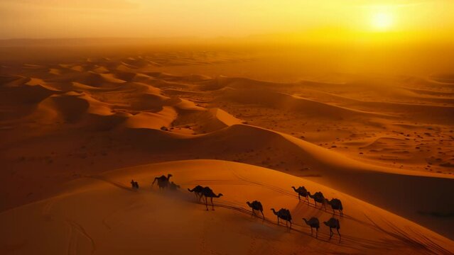 A caravan of camels treads between sun-drenched sand dunes, their long shadows stretching across the desert floor. Under a vermillion sky, golden sands shimmer vastly in all directions. 