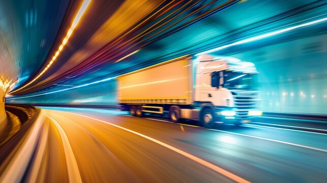 A truck speeding through a tunnel, the lines of lights along the walls stretching into streaks, emphasizing the feeling of acceleration and the journey through the arterial roads of commerce.