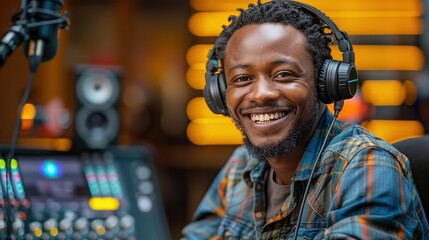 A smiling radio presenter wearing headphones reads the news into a studio microphone at a radio...