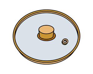 Glass lid vector icon. Round kitchen cover with a copper handle, hole for steam. Chrome tableware - cap for pot, dish. Cookware for cafes, restaurants, dining. Hand drawn color clipart. Utensil sketch