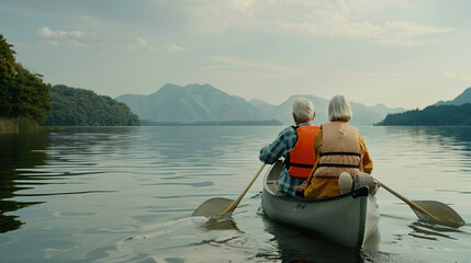 A happy retired couple paddles a canoe on a lake. To prevent accidents, both of them must wear life jackets and sunglasses. - obrazy, fototapety, plakaty