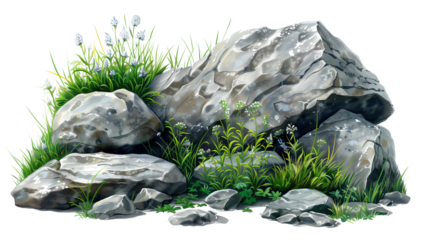 Assorted Isolated Rocks and Plants on Transparent Background - A Transparent PNG Collection of Realistic Stones and Greenery for Landscaping Design