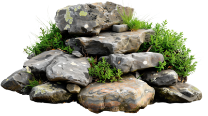 Assorted Isolated Rocks and Plants on Transparent Background - A Transparent PNG Collection of Realistic Stones and Greenery for Landscaping Design