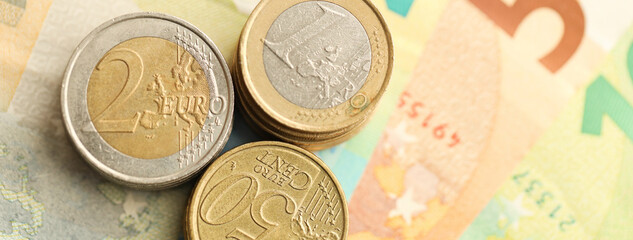European money euro banknotes and coins. Bills of European union currency close up